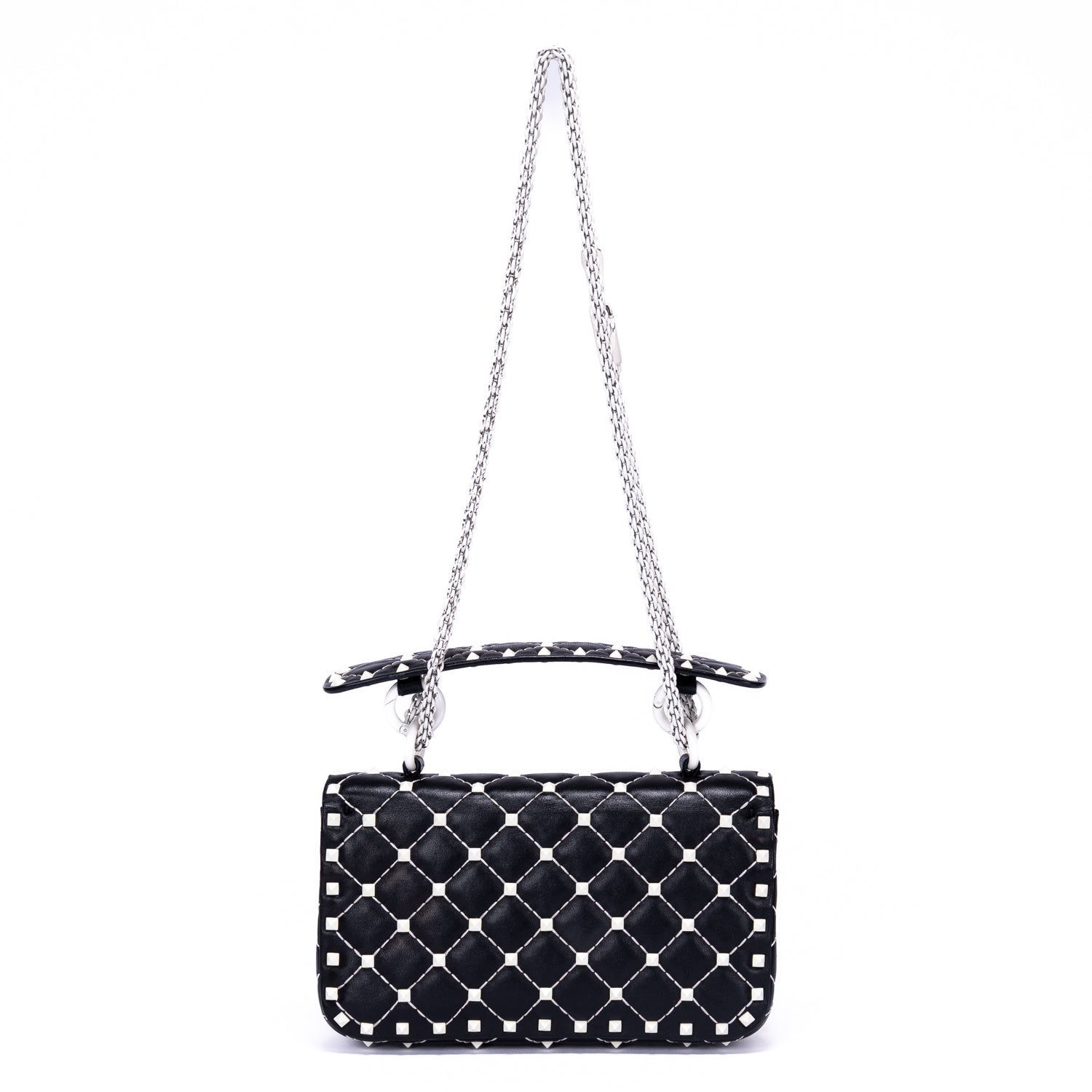 Shoulder Bag Rockstud Spike Chain Small White Pebbled Leather with Pyramid Studs