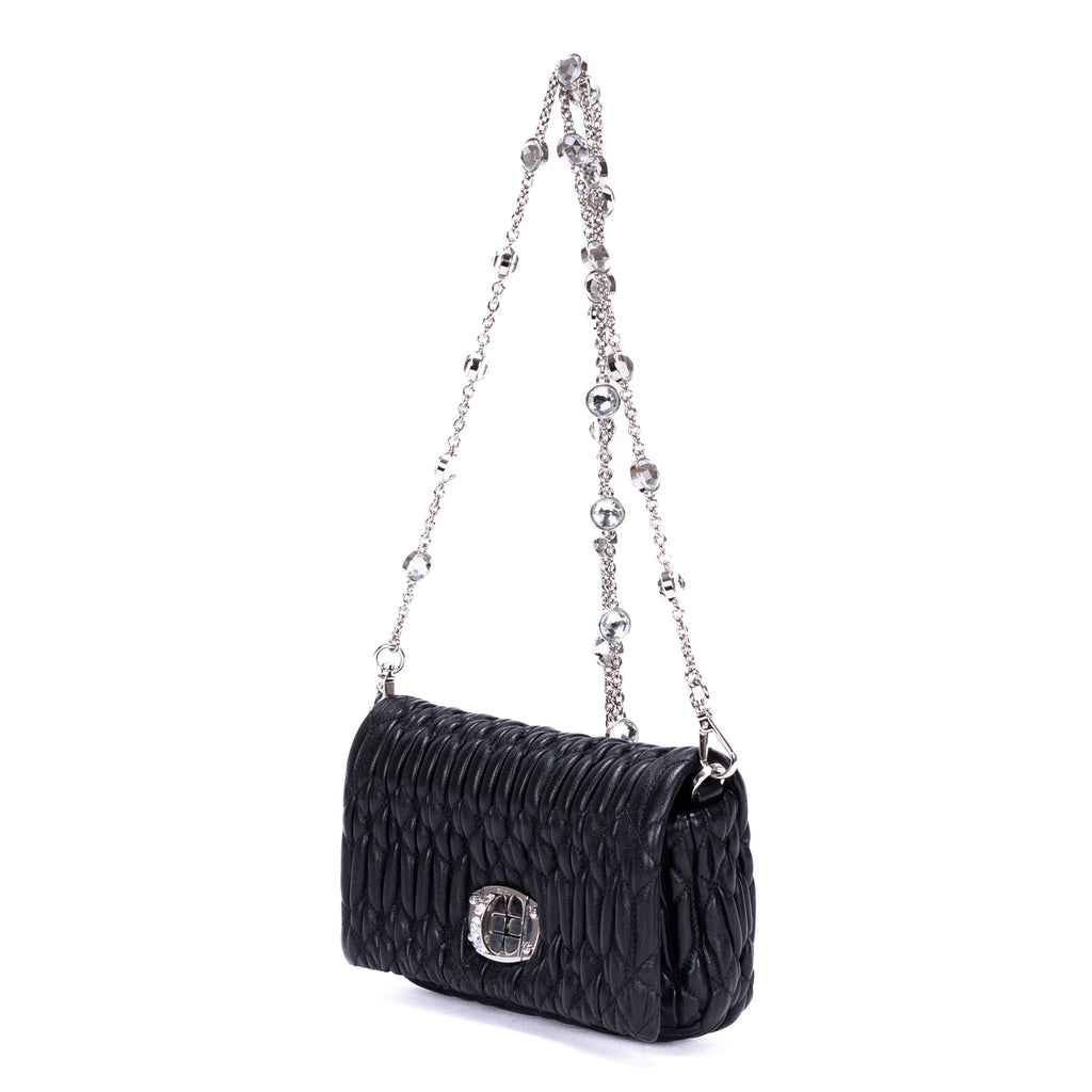 Minibolso de Bandolera de Cristal de Cloqué con Piel Nappa Gaufre Negra