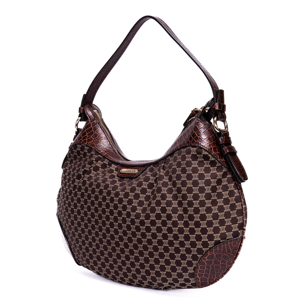 Shoulder Bag Vintage Blason Hobo Brown Macadam Canvas with Crocodile Leather Trim
