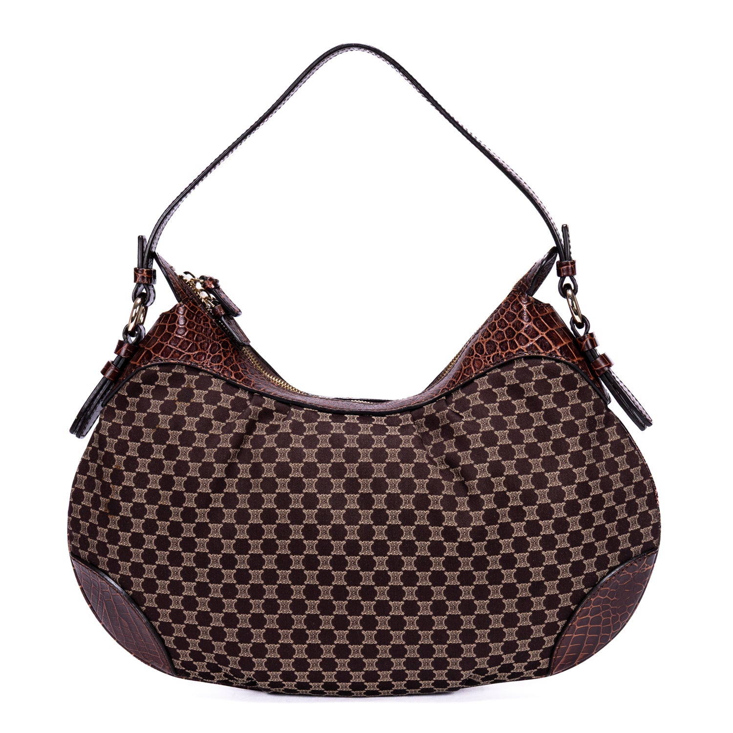 Shoulder Bag Vintage Blason Hobo Brown Macadam Canvas with Crocodile Leather Trim