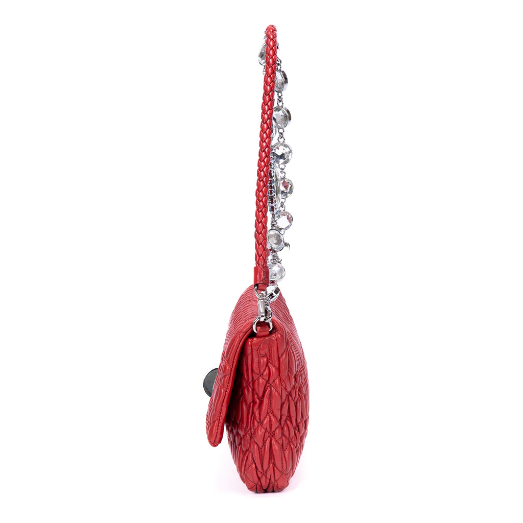Cartera de mano de piel de napa gaufre roja con cristales