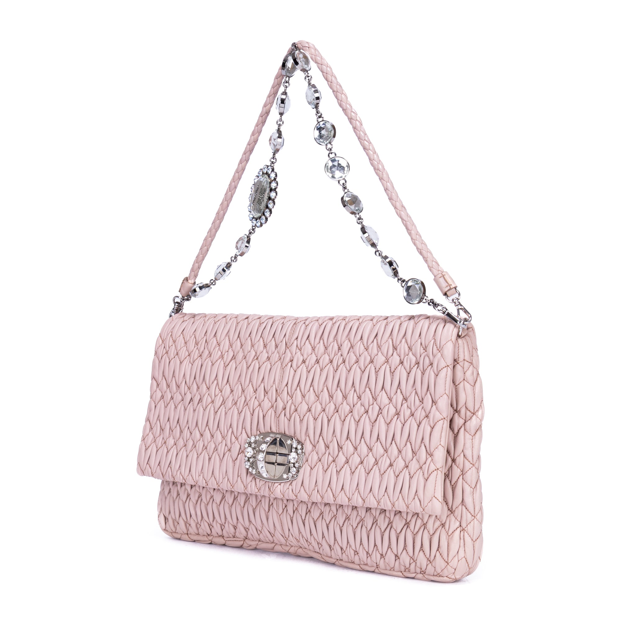 Shoulder Bag Crystal Cloque Pink Nappa Gaufre Leather