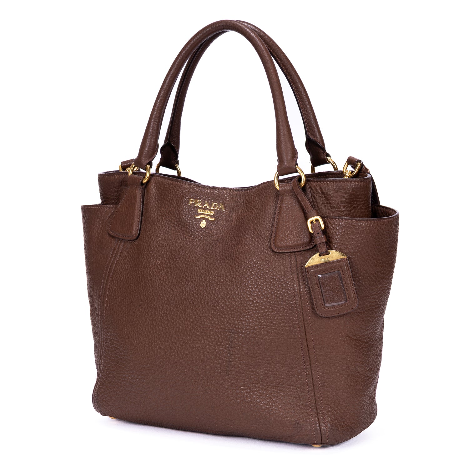 Handbag Side Pockets Tote Brown Vitello Daino Leather