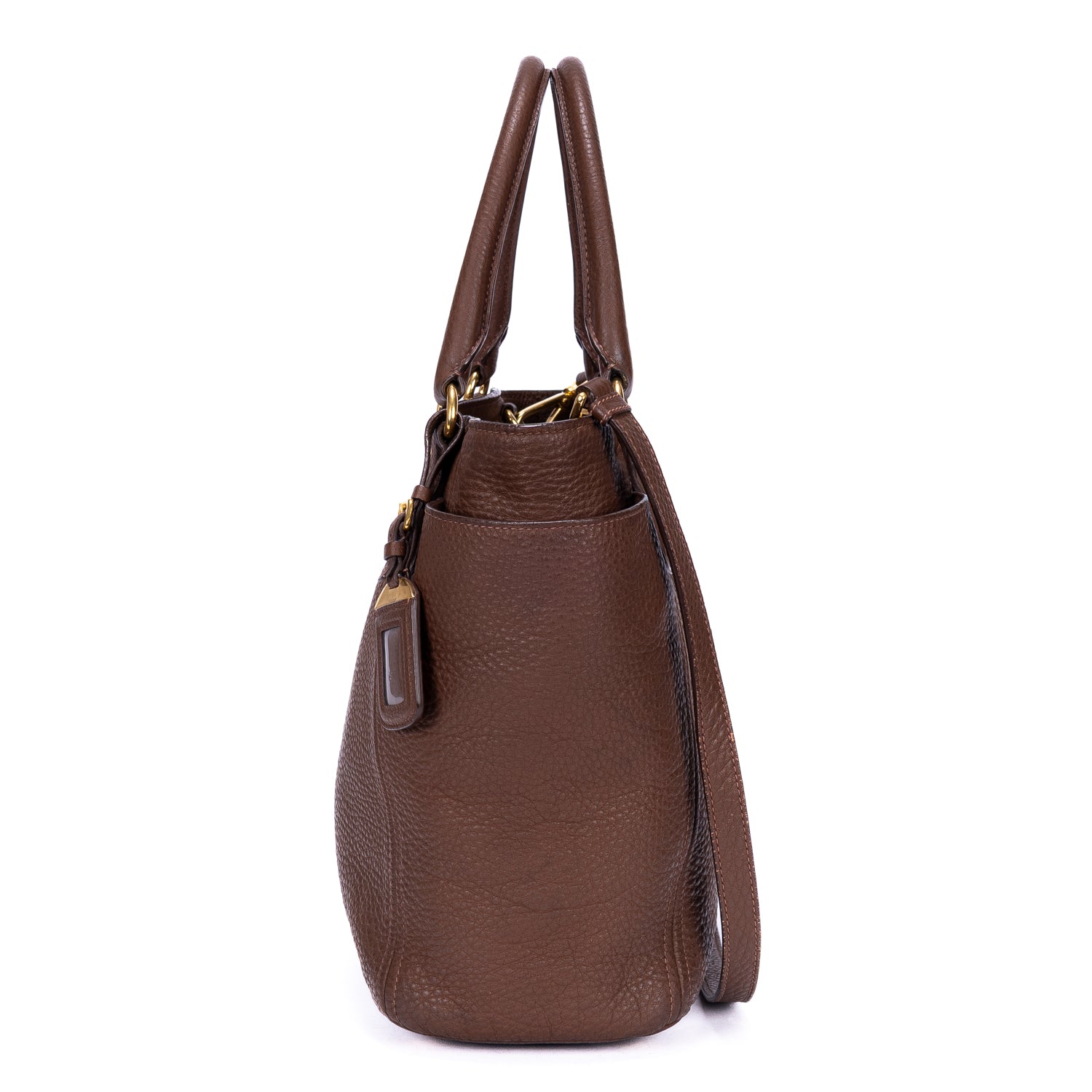Handbag Side Pockets Tote Brown Vitello Daino Leather