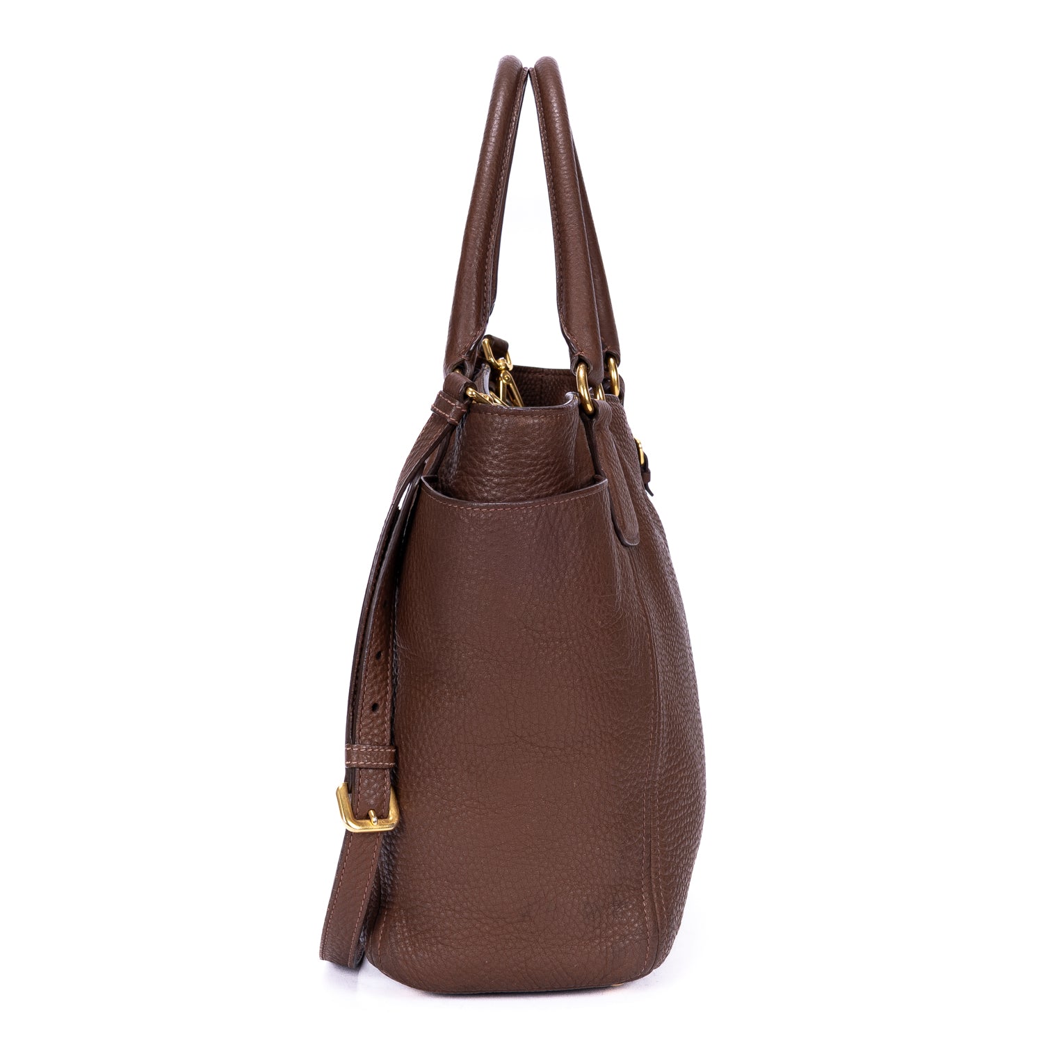 Handbag Side Pockets Tote Brown Vitello Daino Leather