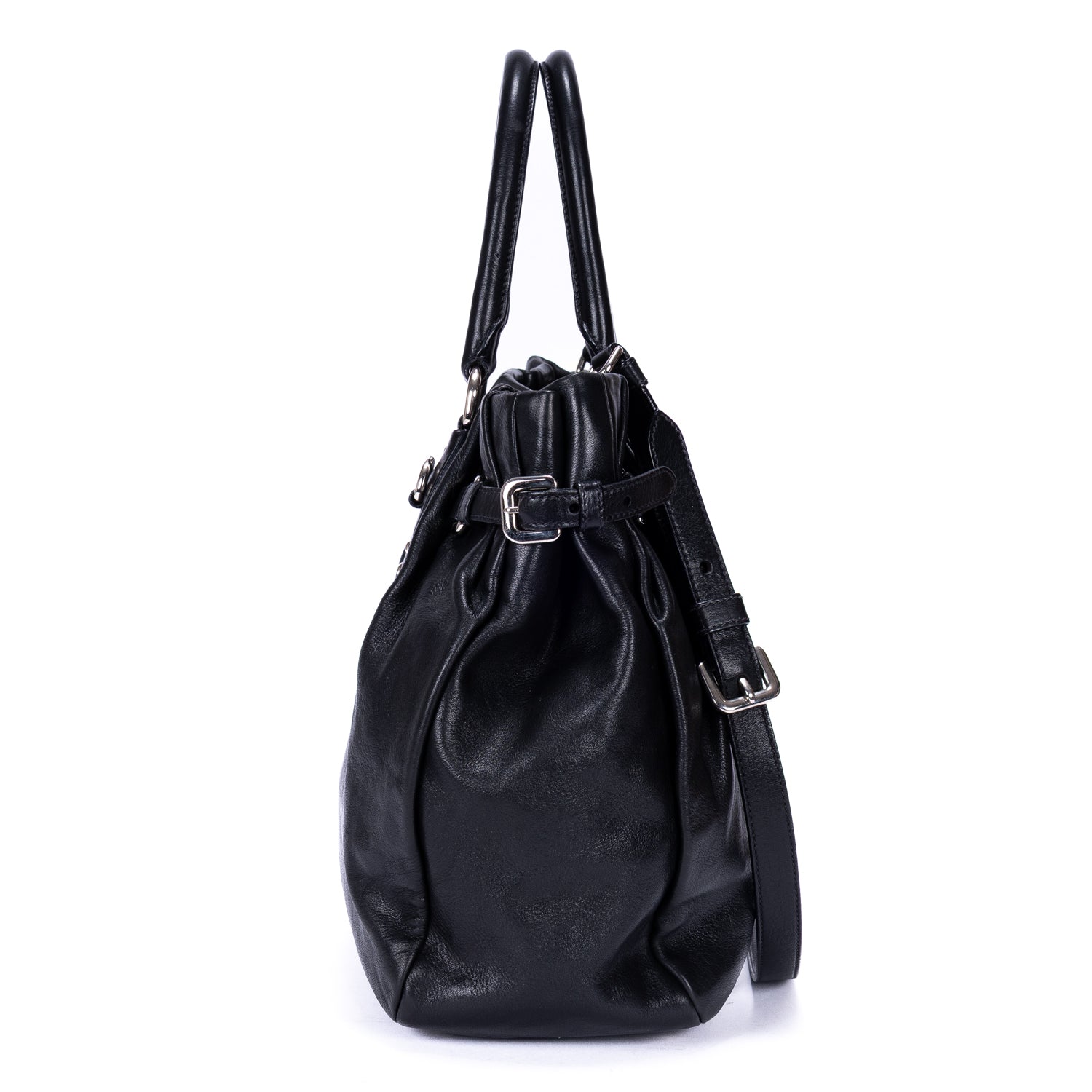 Handbag Belted Tote Black Calfskin Leather