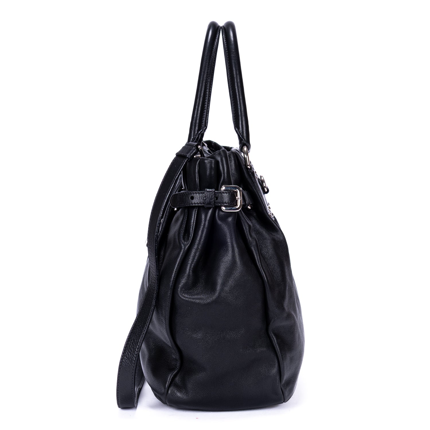 Handbag Belted Tote Black Calfskin Leather