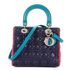 Bolso de hombro Lady Dior mediano fucsia, azul marino, cuero Cannage