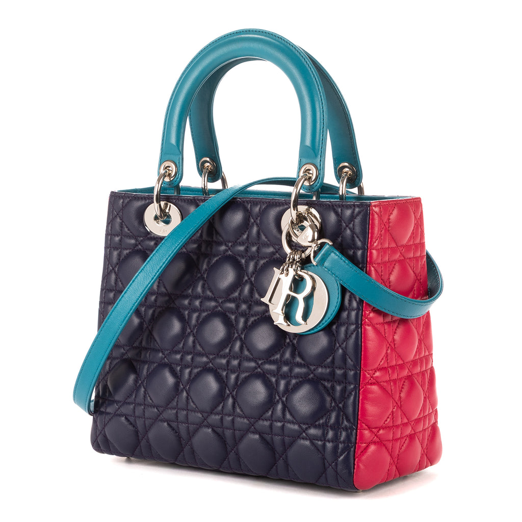 Bolso de hombro Lady Dior mediano fucsia, azul marino, cuero Cannage