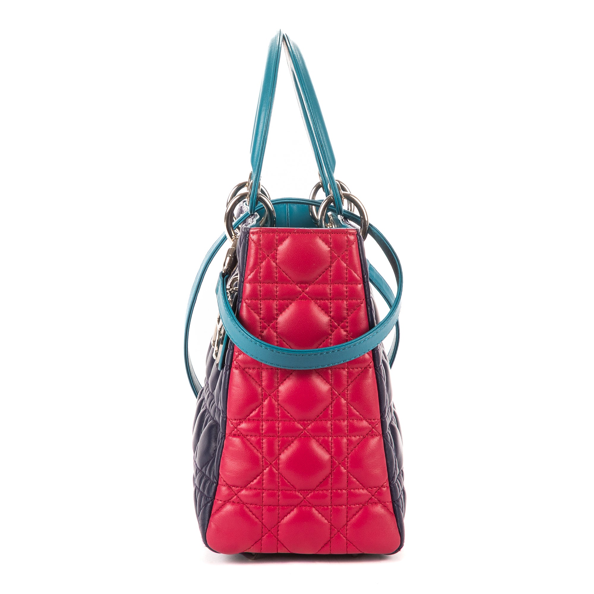 Bolso de hombro Lady Dior mediano fucsia, azul marino, cuero Cannage