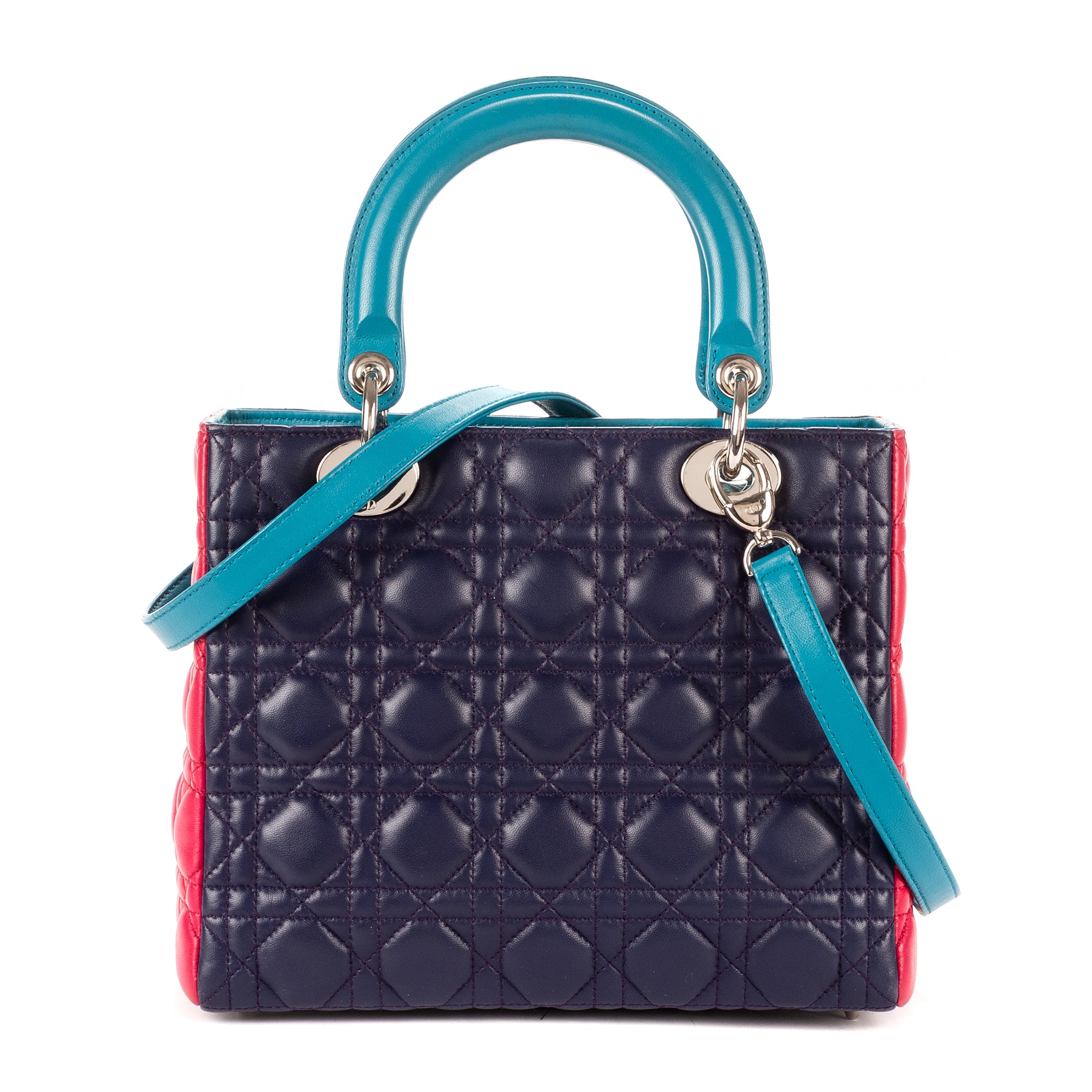 Bolso de hombro Lady Dior mediano fucsia, azul marino, cuero Cannage