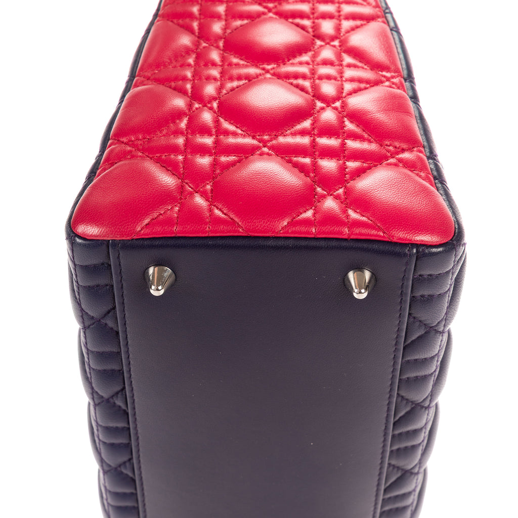 Bolso de hombro Lady Dior mediano fucsia, azul marino, cuero Cannage