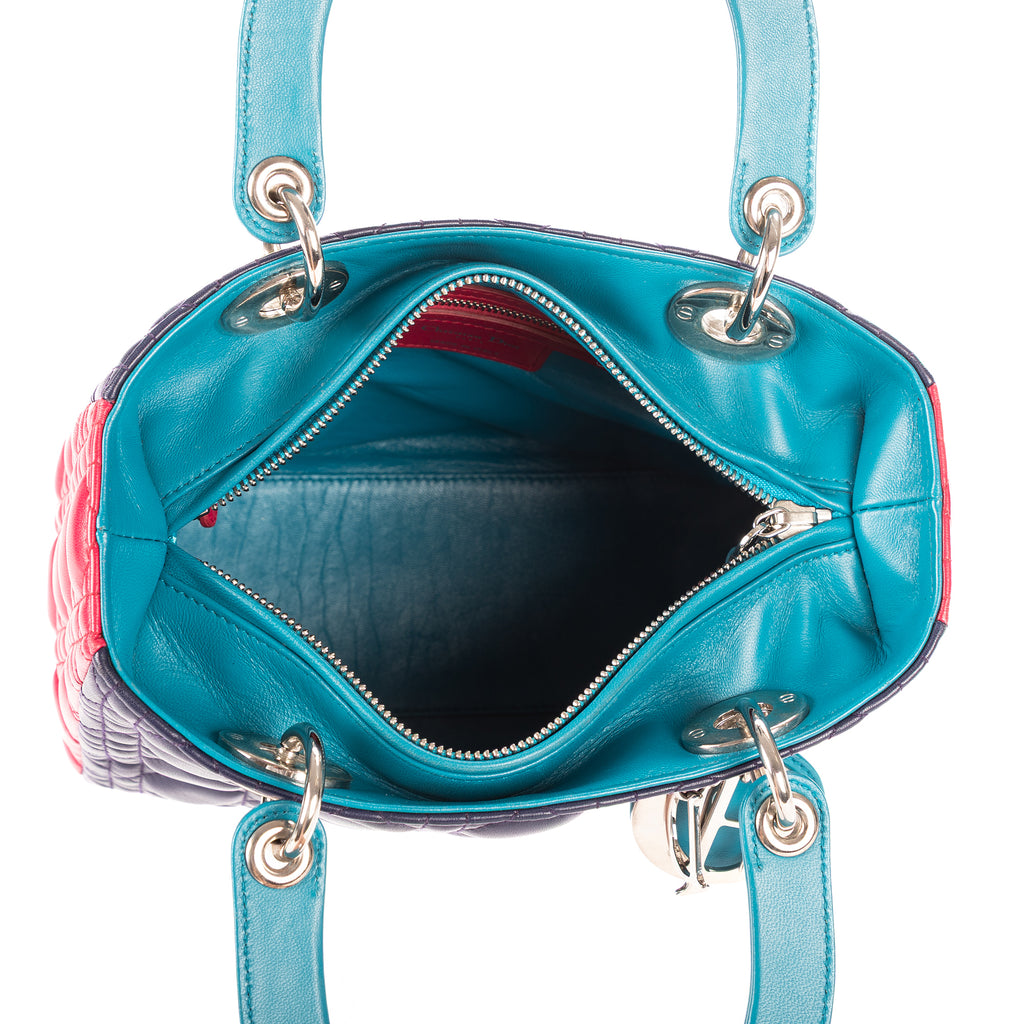 Bolso de hombro Lady Dior mediano fucsia, azul marino, cuero Cannage