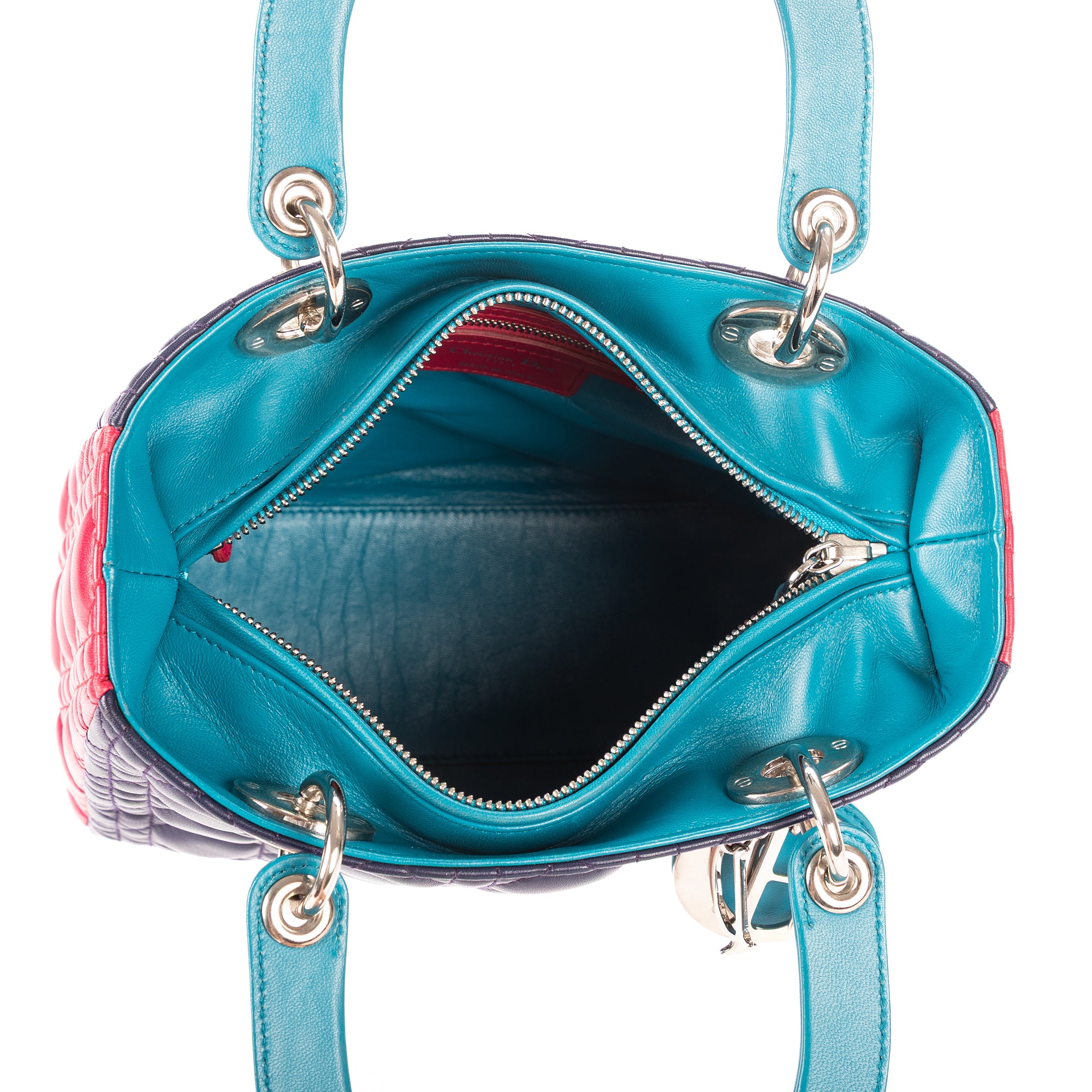 Bolso de hombro Lady Dior mediano fucsia, azul marino, cuero Cannage