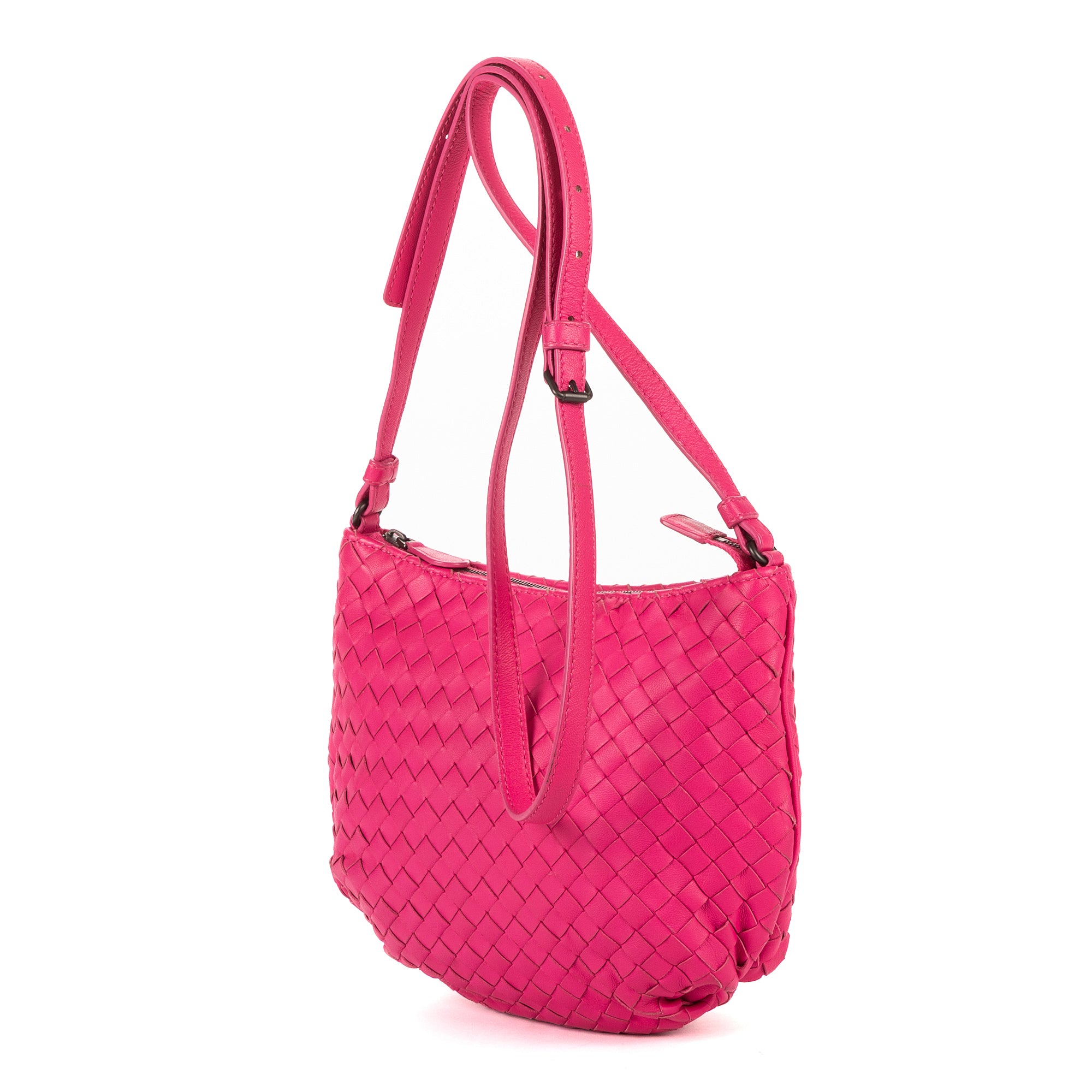Crossbody Bucket Hobo Mini Fuchsia Intrecciato Leather
