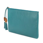 Bolso de mano de bambú trenzado con cremallera y borla, piel granulada azul claro