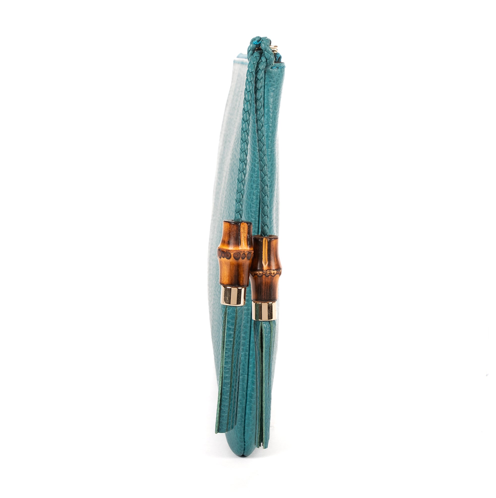 Clutch Bamboo Braided Tassel Zip Clutch Light Blue Grained Leather