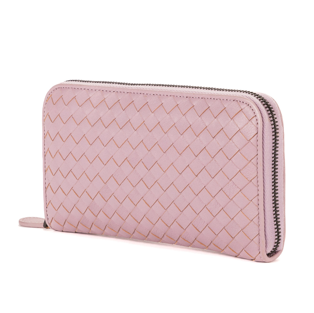 Portefeuille zippé en cuir nappa intrecciato rose