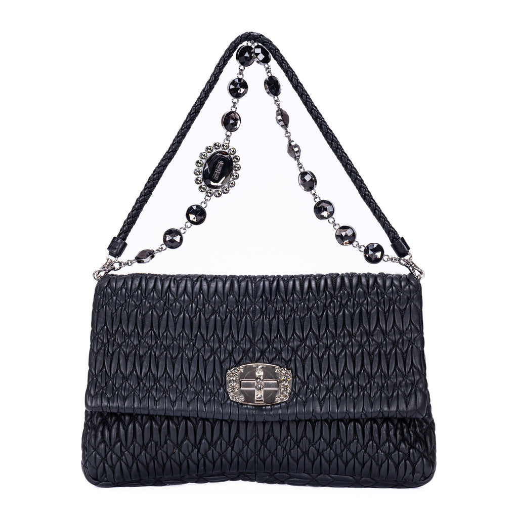 Shoulder Bag Medium Crystal Chain Flap Clutch Black Nappa Matelasse Leather