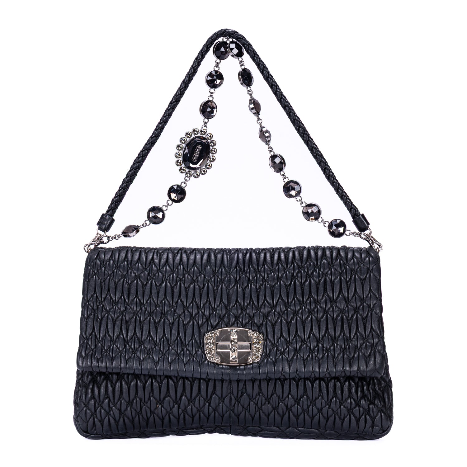 Shoulder Bag Medium Crystal Chain Flap Clutch Black Nappa Matelasse Leather