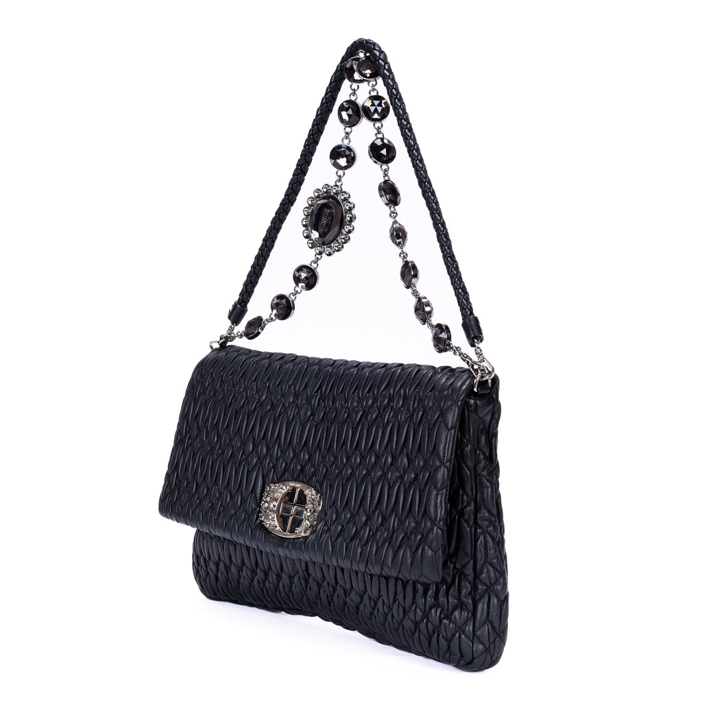 Shoulder Bag Medium Crystal Chain Flap Clutch Black Nappa Matelasse Leather