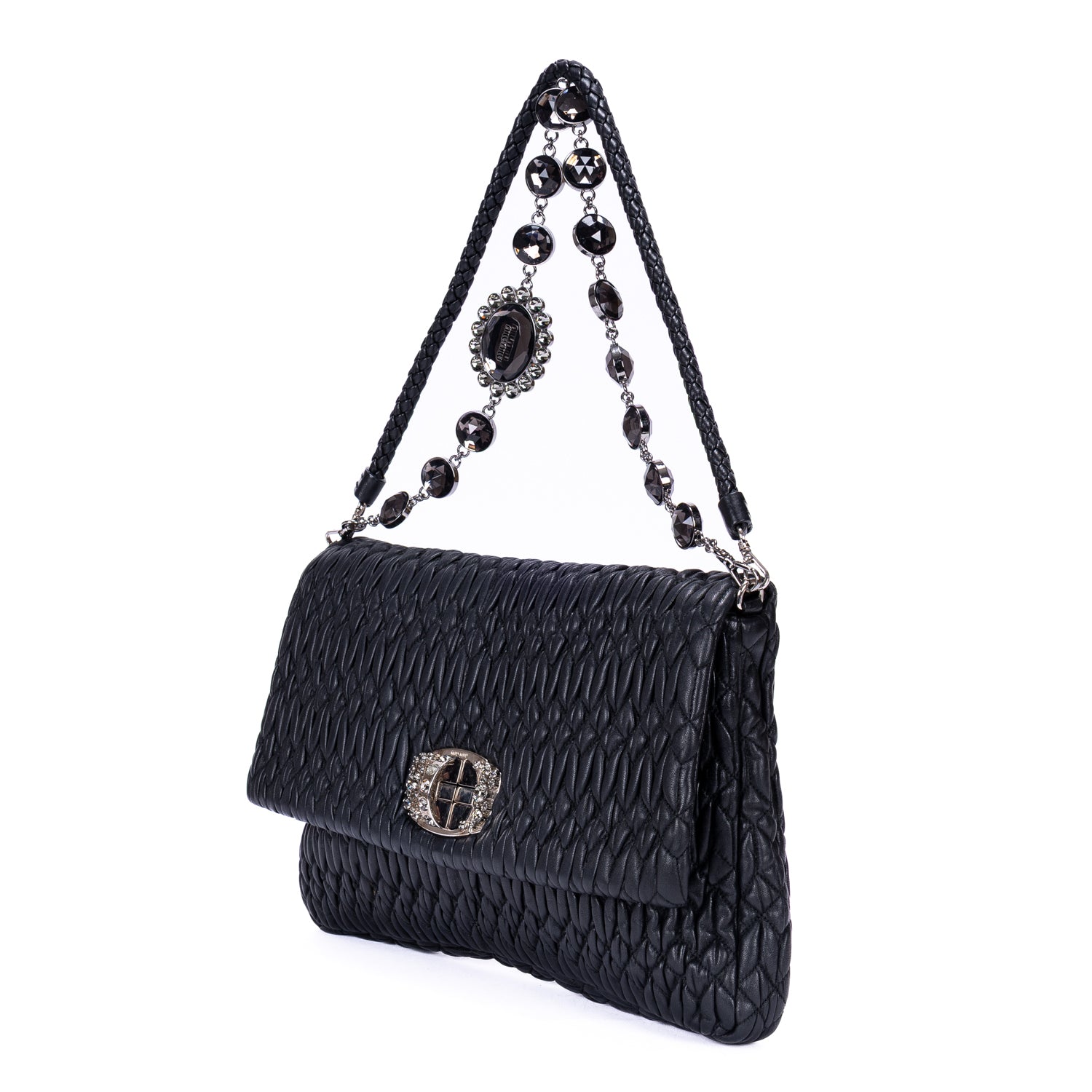 Shoulder Bag Medium Crystal Chain Flap Clutch Black Nappa Matelasse Leather