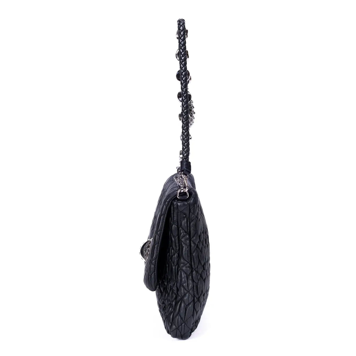 Sac à bandoulière moyen chaîne en cristal rabat pochette en cuir Nappa matelassé noir