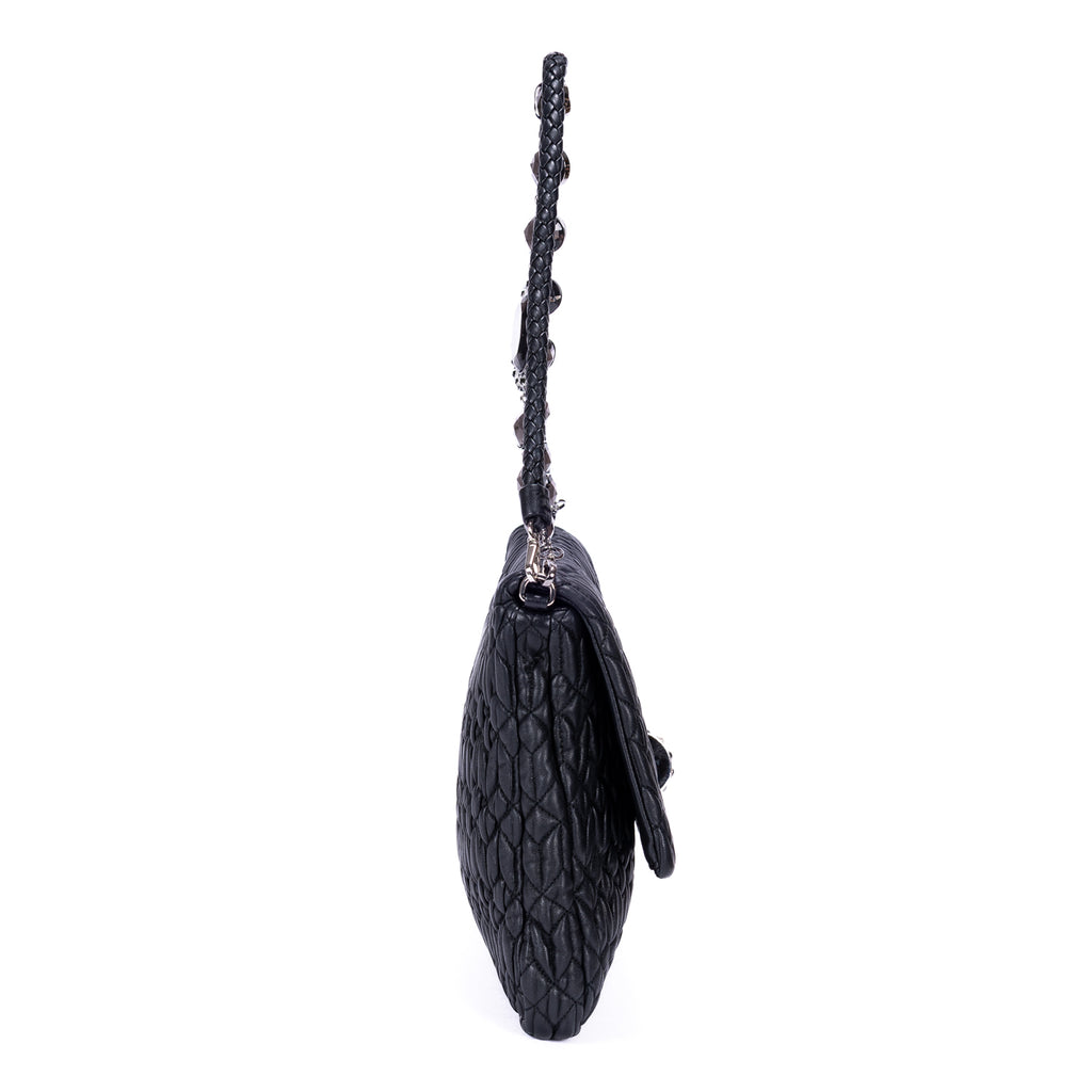 Shoulder Bag Medium Crystal Chain Flap Clutch Black Nappa Matelasse Leather