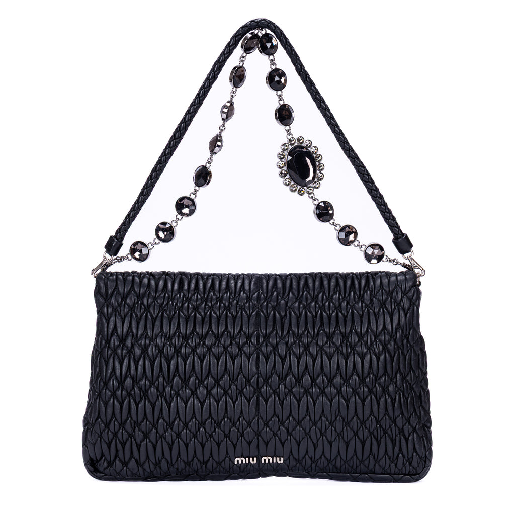 Shoulder Bag Medium Crystal Chain Flap Clutch Black Nappa Matelasse Leather
