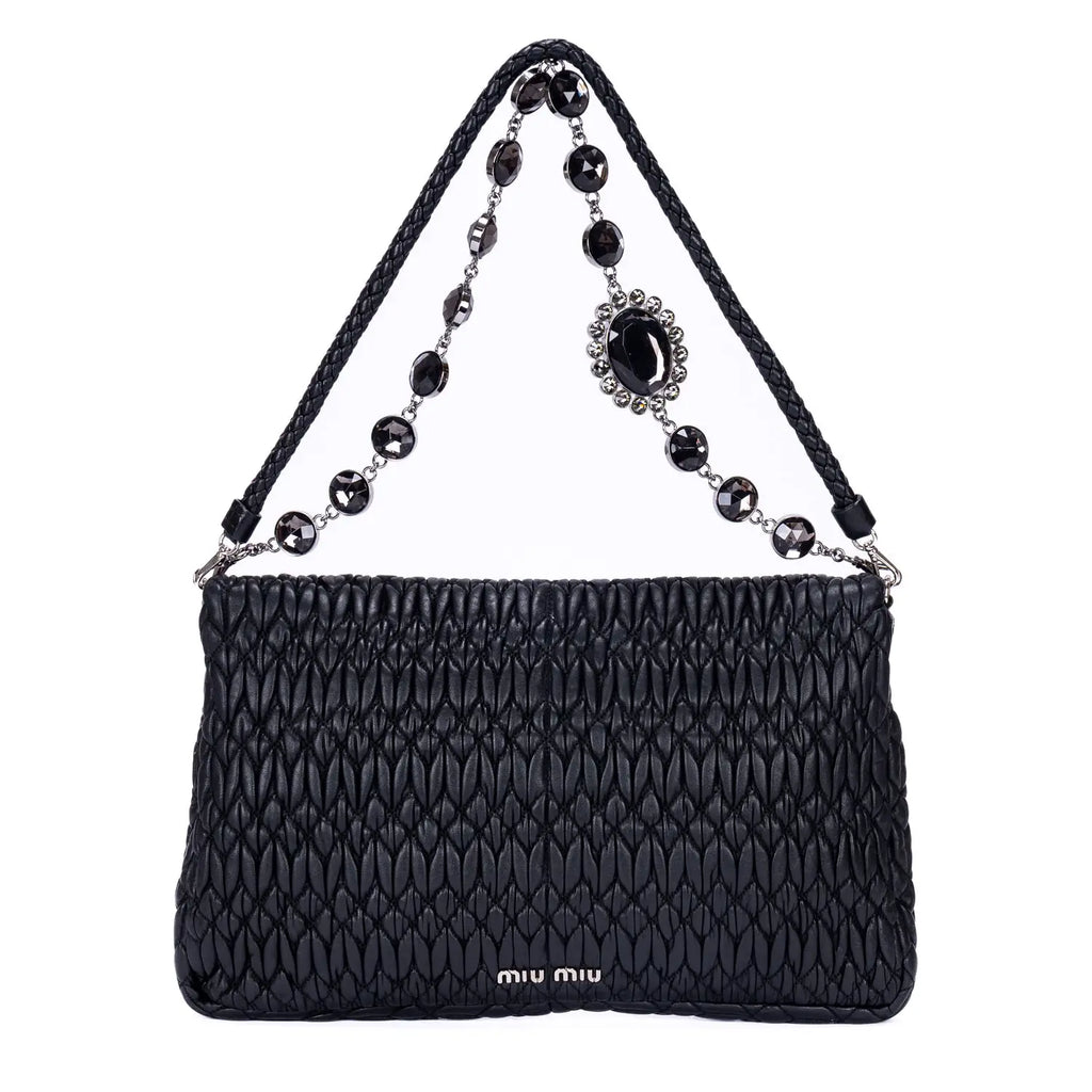 Sac à bandoulière moyen chaîne en cristal rabat pochette en cuir Nappa matelassé noir