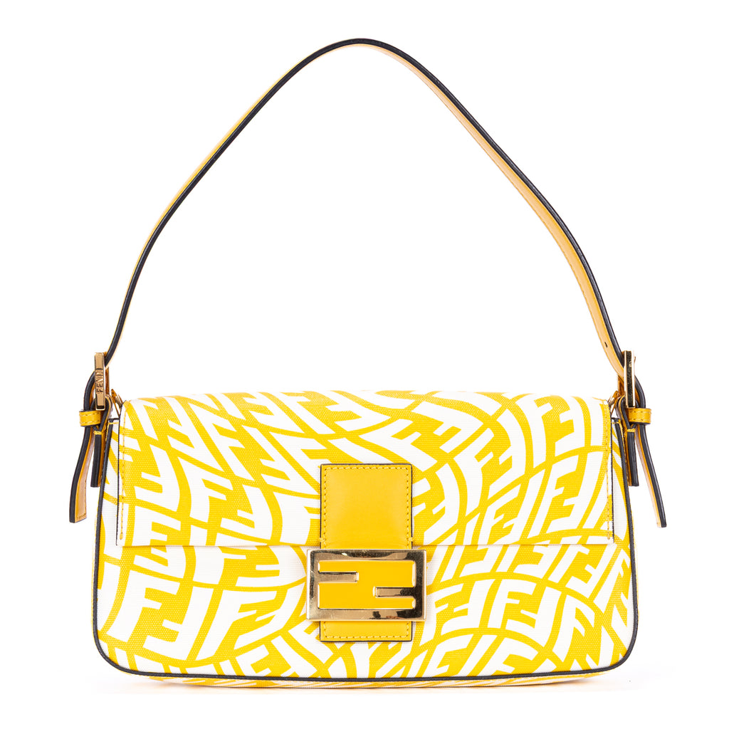 Shoulder Bag Baguette White Embossed FF Fabric Canvas