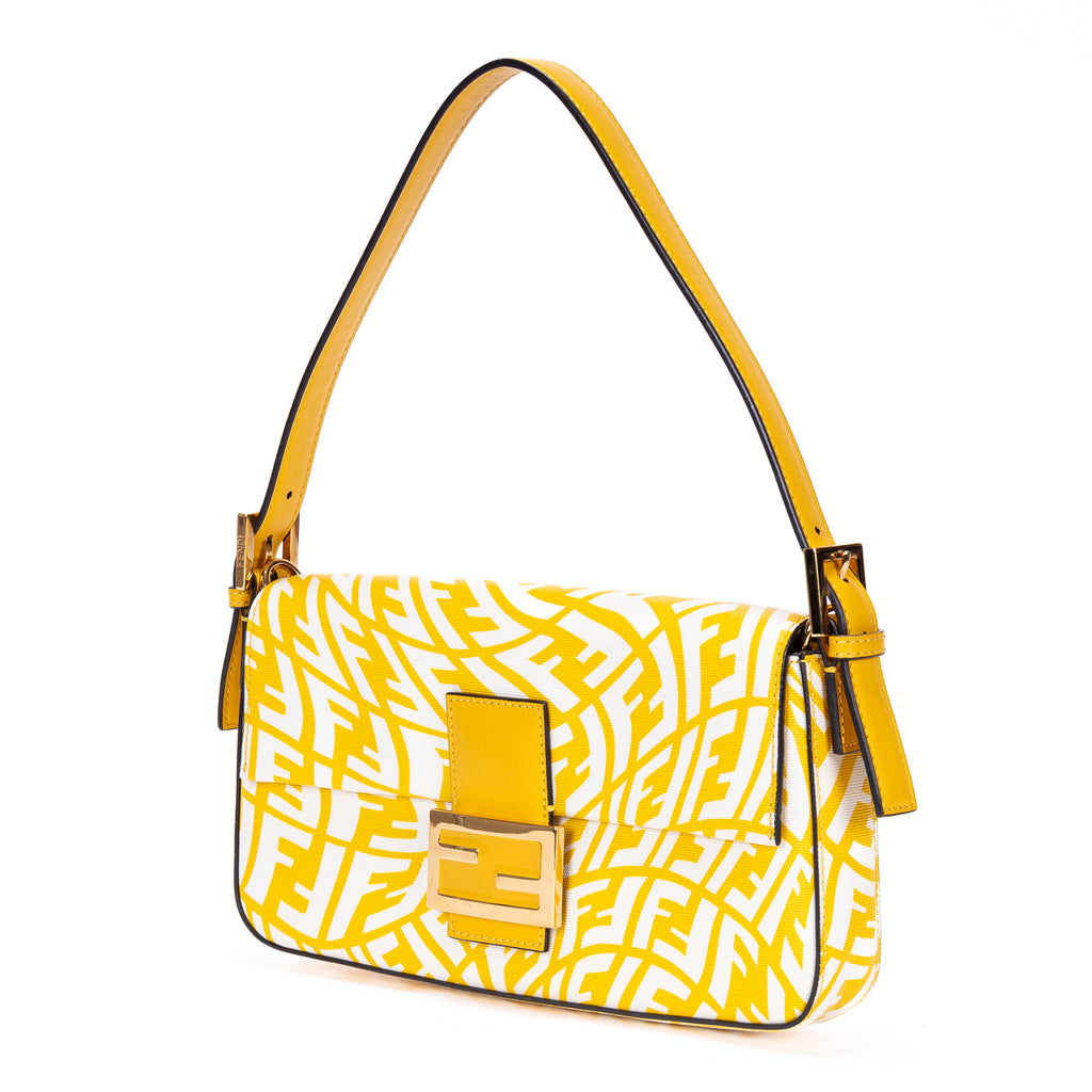 Shoulder Bag Baguette White Embossed FF Fabric Canvas