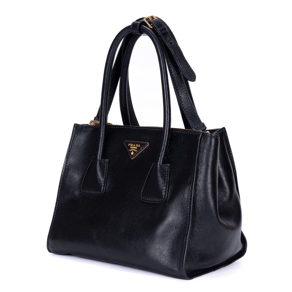 Shoulder Bag Twin Pocket Double Handle Tote Black Marmo Glace Leather