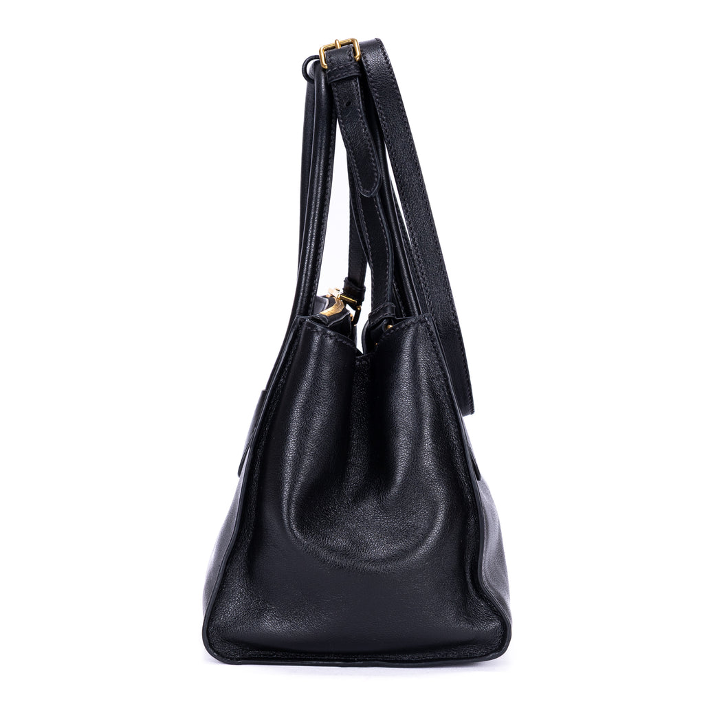 Shoulder Bag Twin Pocket Double Handle Tote Black Marmo Glace Leather