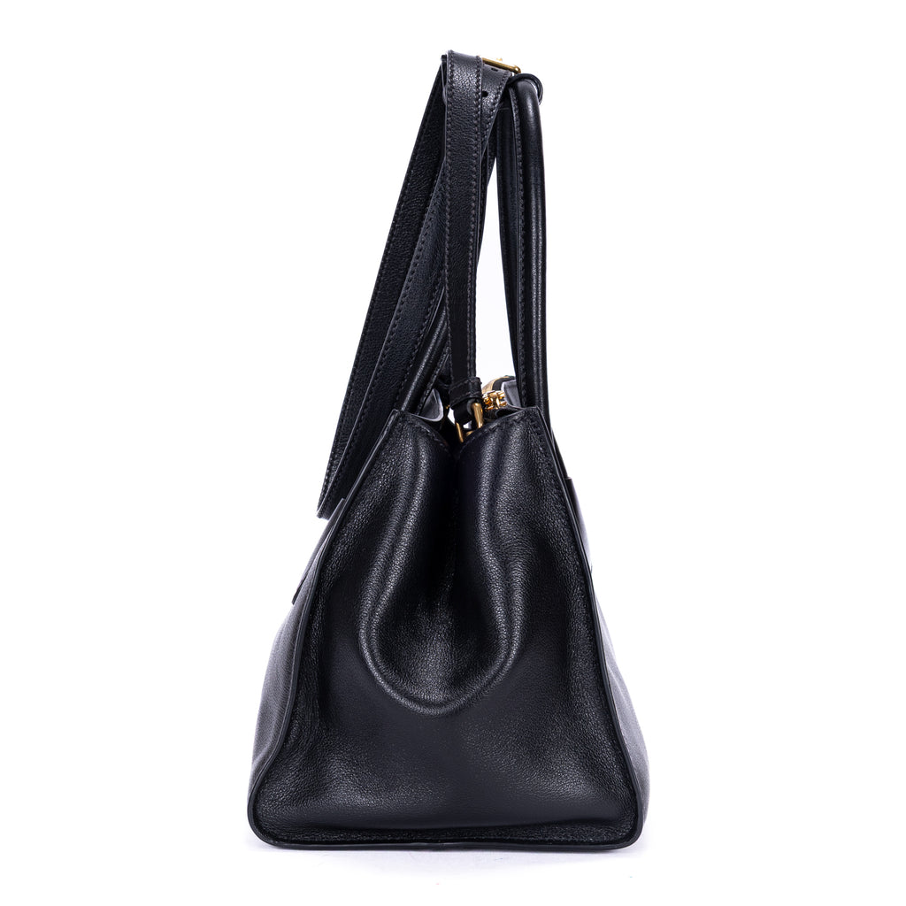 Shoulder Bag Twin Pocket Double Handle Tote Black Marmo Glace Leather