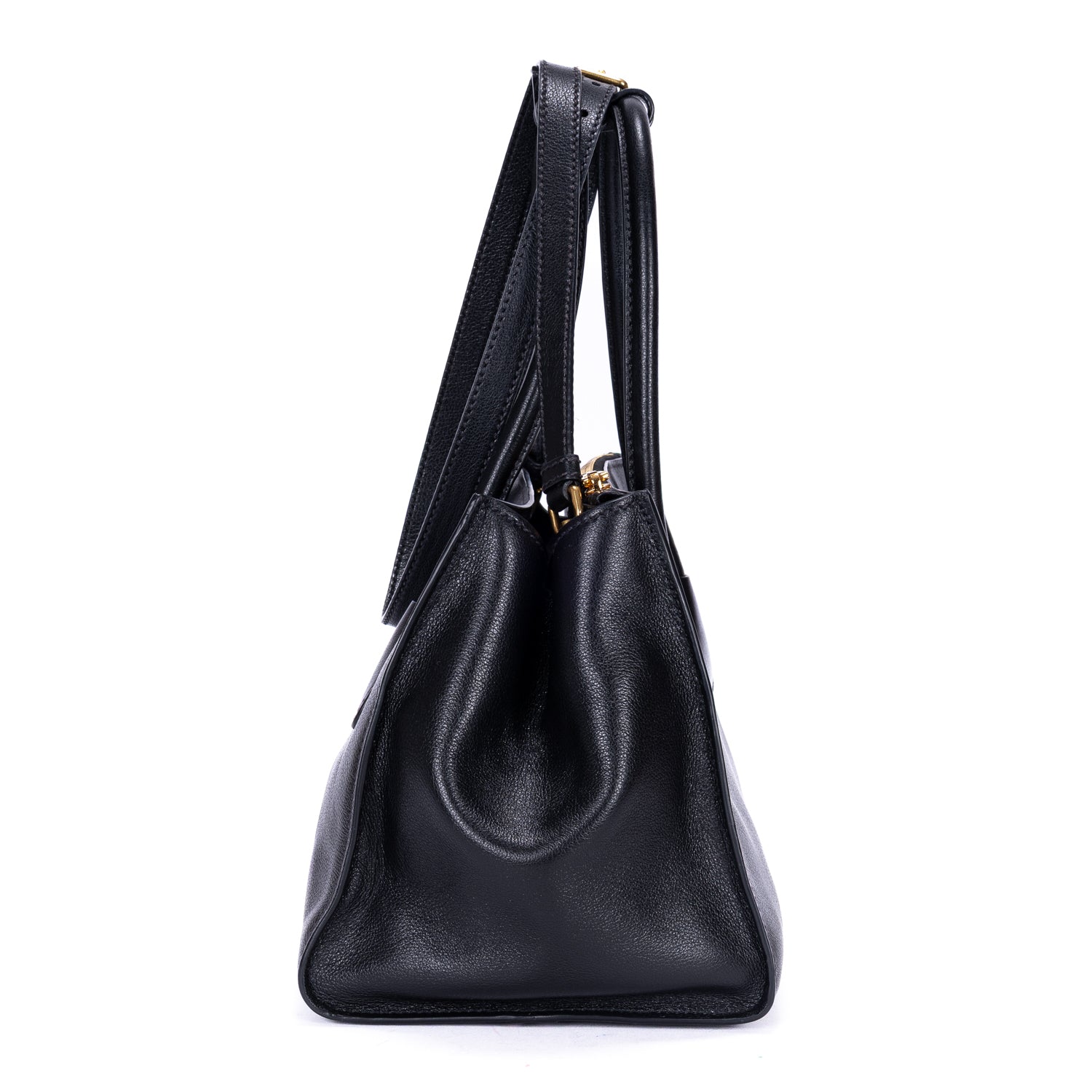 Shoulder Bag Twin Pocket Double Handle Tote Black Marmo Glace Leather