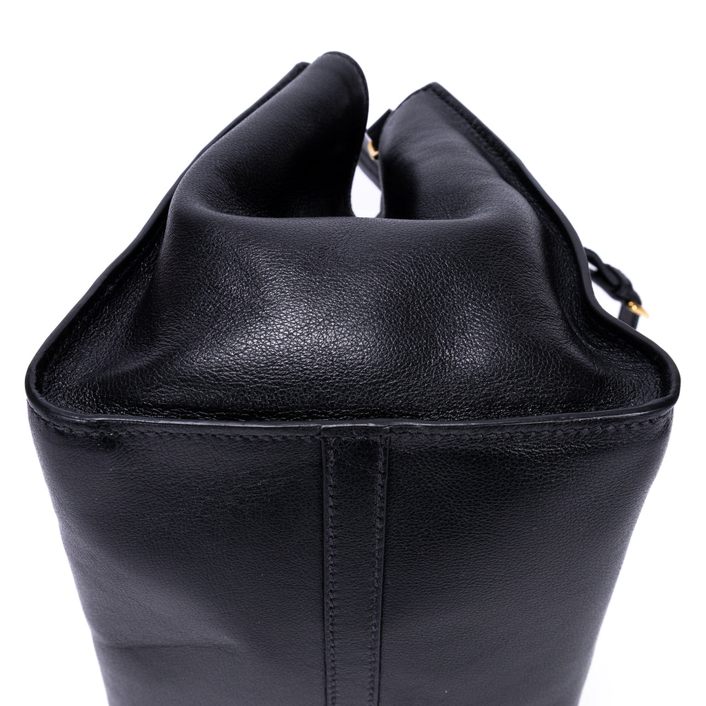 Shoulder Bag Twin Pocket Double Handle Tote Black Marmo Glace Leather
