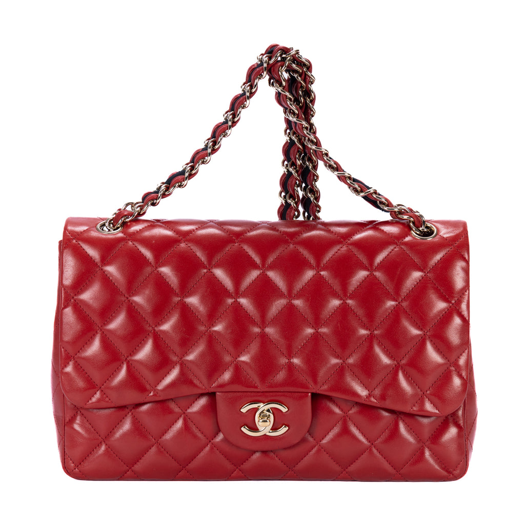 Shoulder Bag Classic Jumbo Single Flap Red Quilted Lambskin Leather