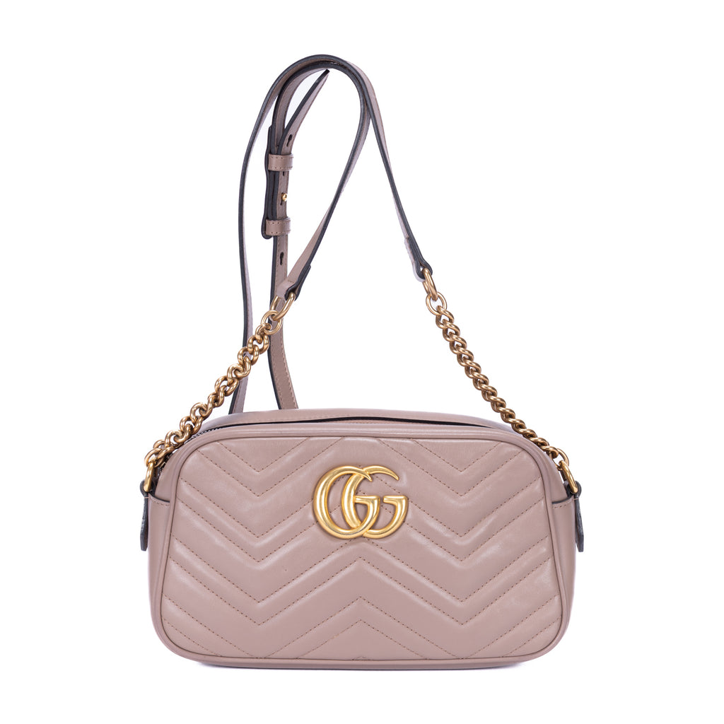 Shoulder Bag Small GG Marmont Chain Crossbody Beige Quilted Chevron Calfskin Leather