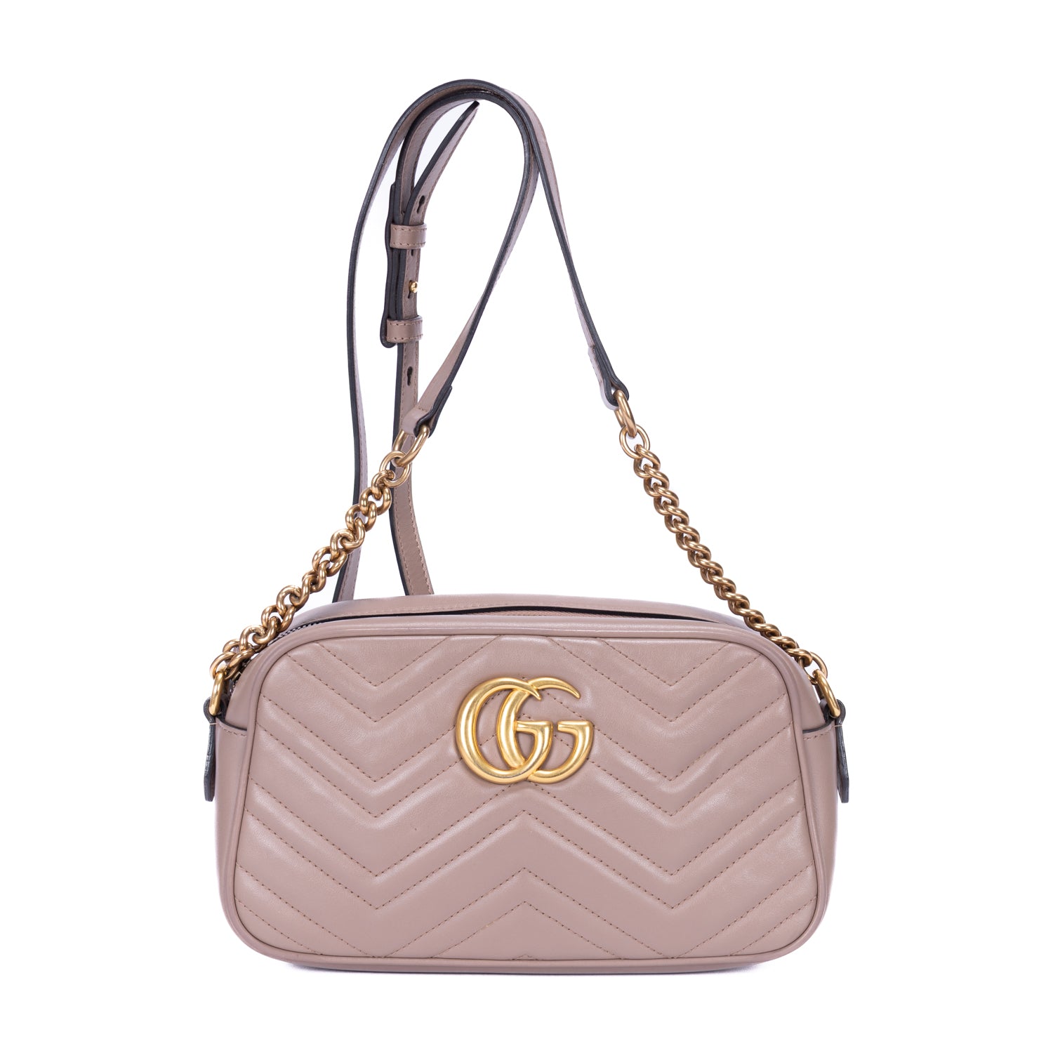 Shoulder Bag Small GG Marmont Chain Crossbody Beige Quilted Chevron Calfskin Leather
