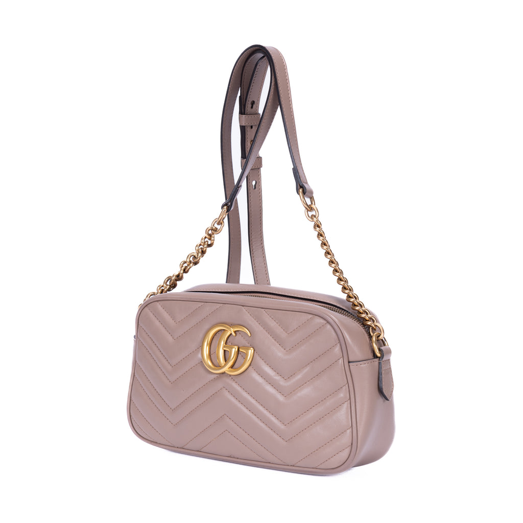 Shoulder Bag Small GG Marmont Chain Crossbody Beige Quilted Chevron Calfskin Leather
