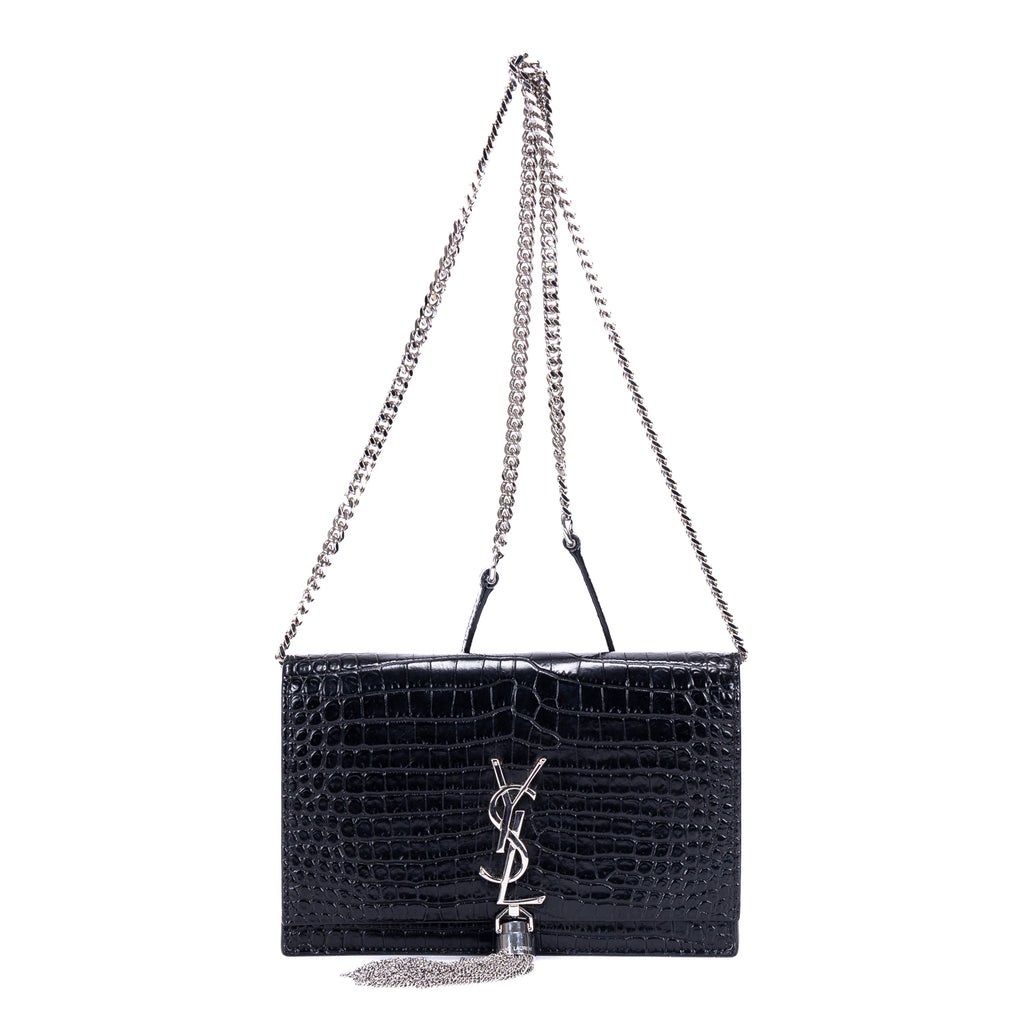 Shoulder Bag Kate Tassel Black Croc Embossed Leather