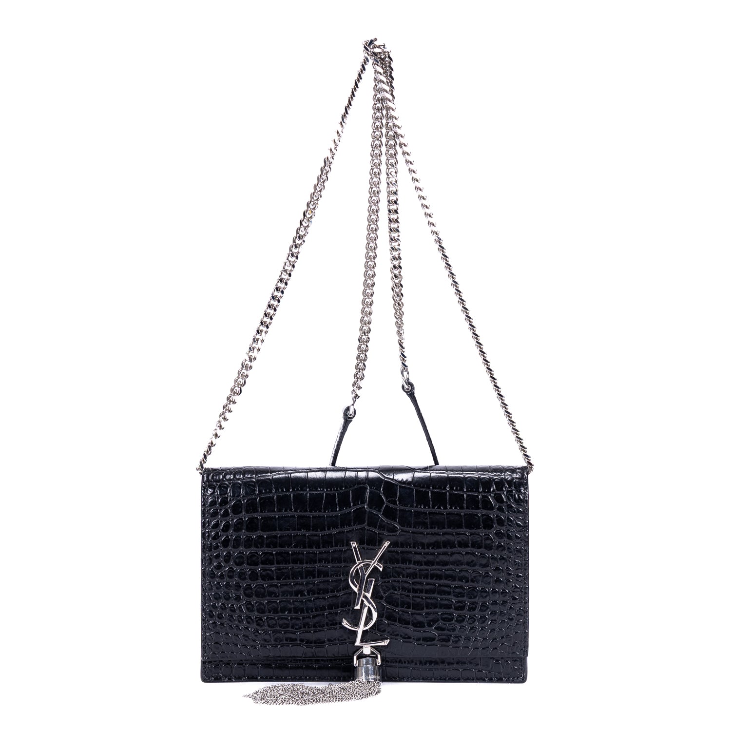 Shoulder Bag Kate Tassel Black Croc Embossed Leather