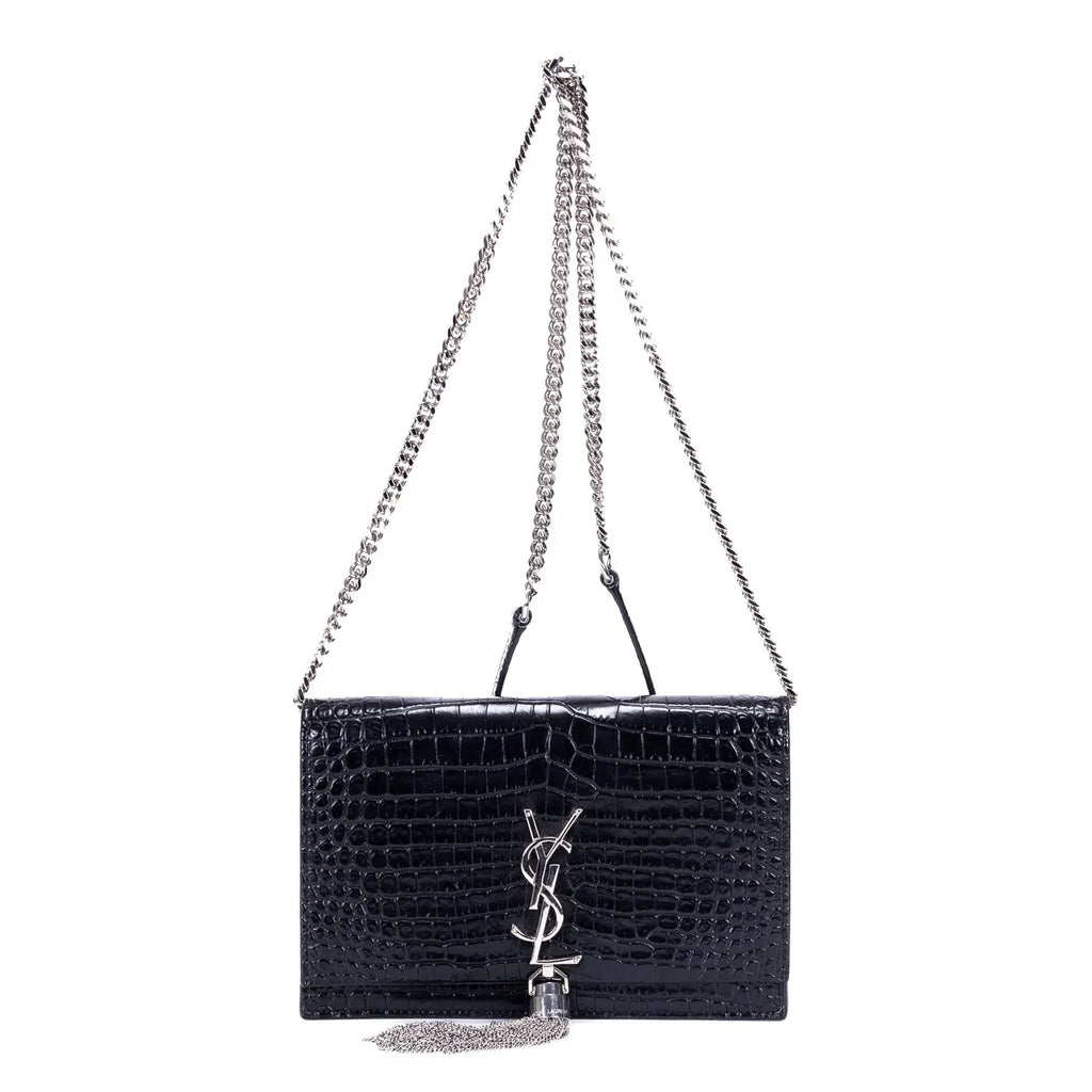Bolso de hombro Kate con borla de piel negra grabada efecto cocodrilo