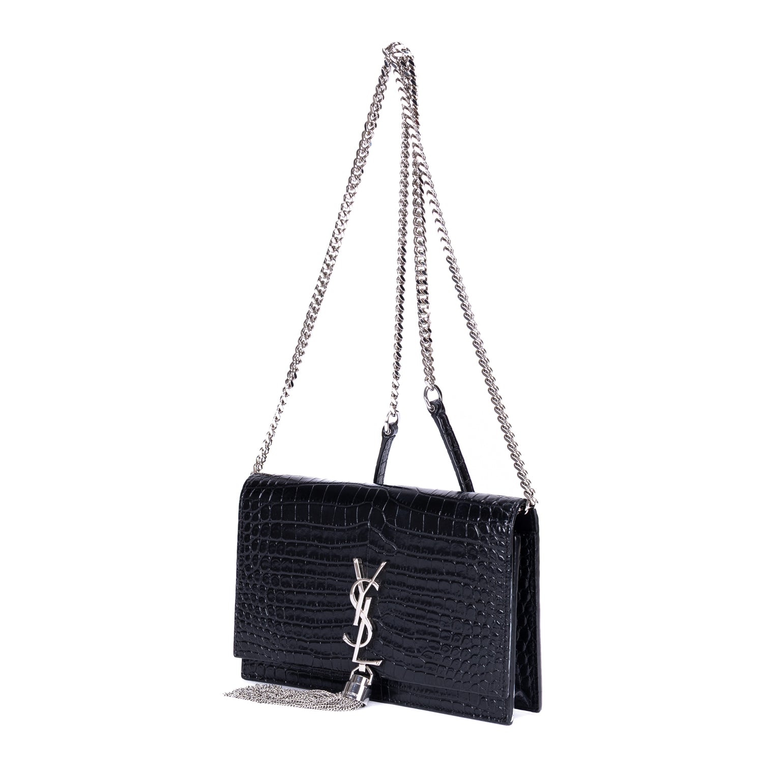 Shoulder Bag Kate Tassel Black Croc Embossed Leather