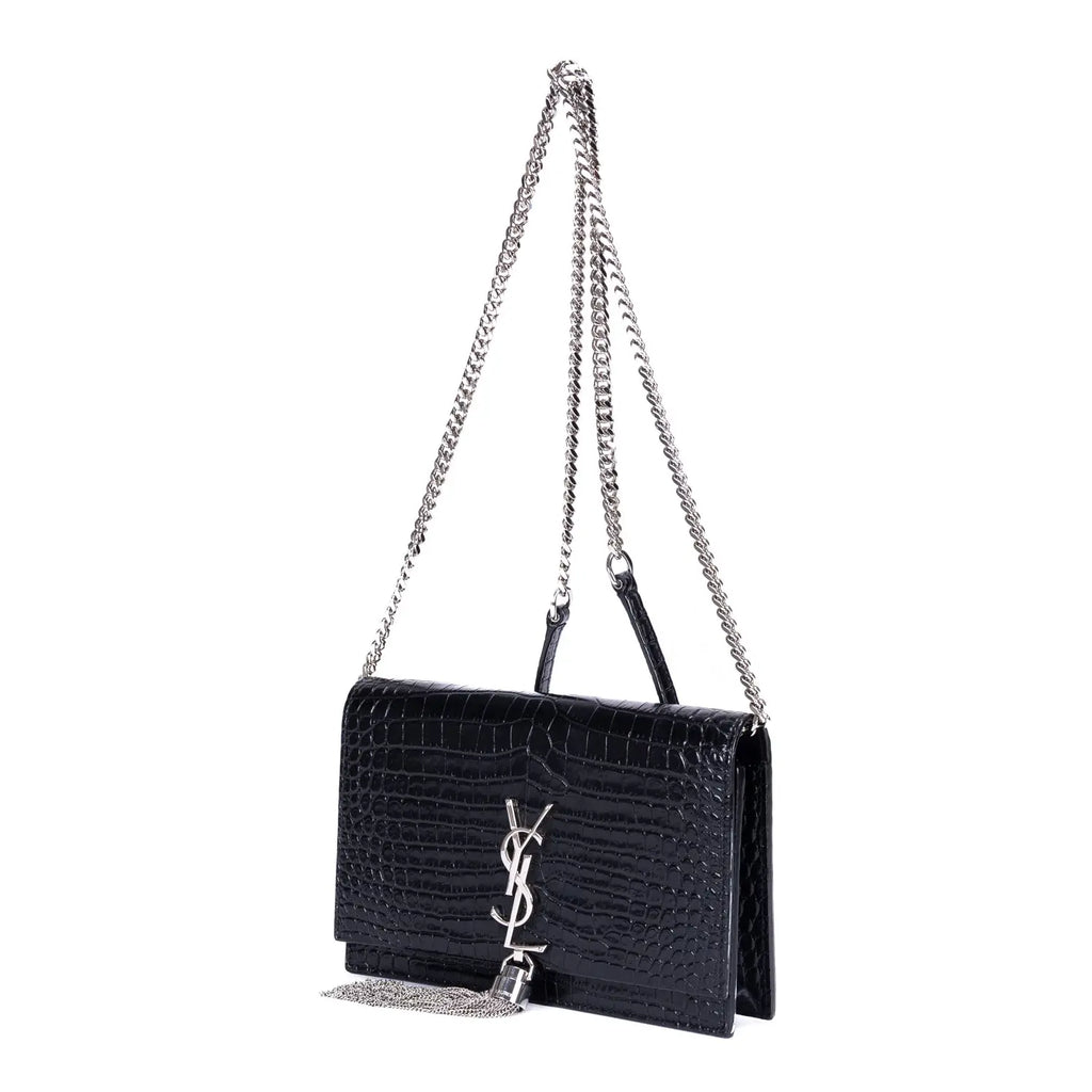 Bolso de hombro Kate con borla de piel negra grabada efecto cocodrilo