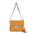 Sac bandoulière à rabat avec pompon et chaîne en cuir Vitello Daino beige