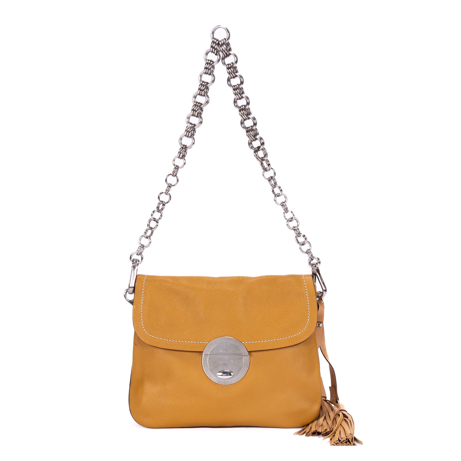 Shoulder Bag Tassel Flap Chain Bag Beige Vitello Daino Leather