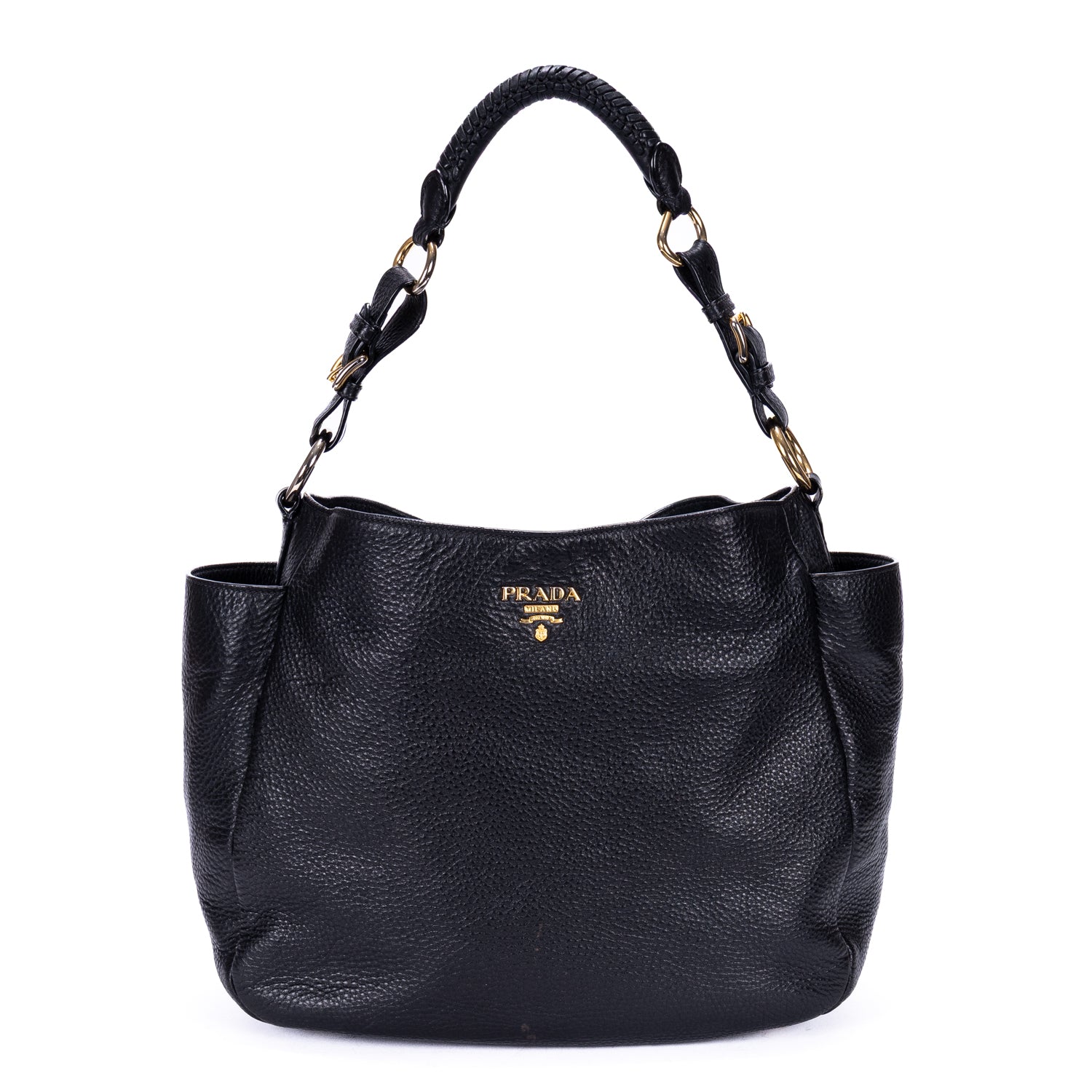 Shoulder Bag Side Pocket Tote Black Vitello Daino Leather