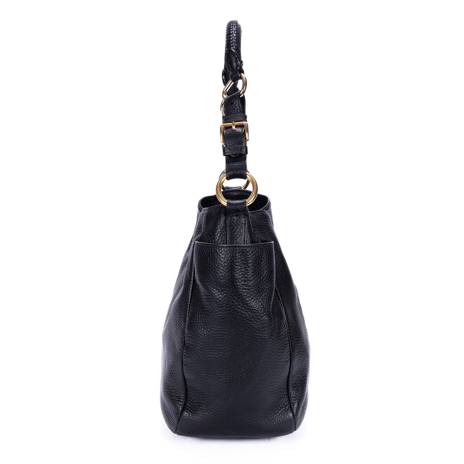 Shoulder Bag Side Pocket Tote Black Vitello Daino Leather